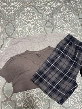 Fruit of the Loom Gray Plaid Lounge Pants with Gray and Charcoal Tees